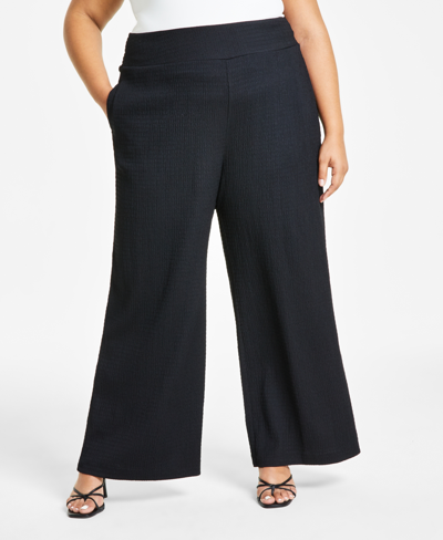 Bar Iii Trendy Plus Size Textured Wide-leg Pants, Created For Macy's In Deep Black
