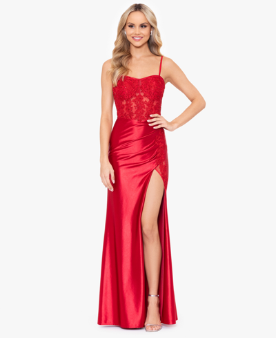Blondie Nites Juniors' Satin Sequined-lace Corset Gown In Red