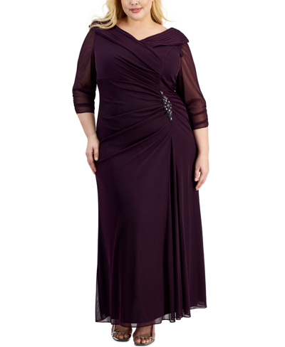 Alex Evenings Plus Size Portrait-collar Side-ruched A-line Dress In Eggplant