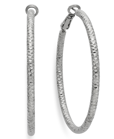 Inc International Concepts Textured Medium Hoop Earrings, 2", Created For Macy's In Silver
