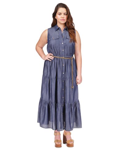 Michael Kors Michael  Plus Size Chain-belt Tiered Shirtdress In Indigo Rinse