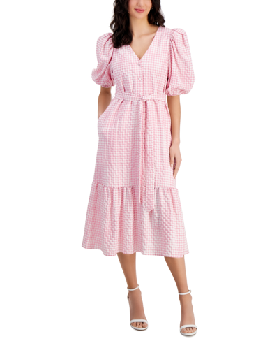 Taylor Women's Gingham Check V-neck Tie-waist Midi Dress In Rose,cream