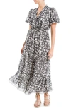 Max Studio Georgette Smocked Maxi Dress In Ivy/ Blk Flral Rppls