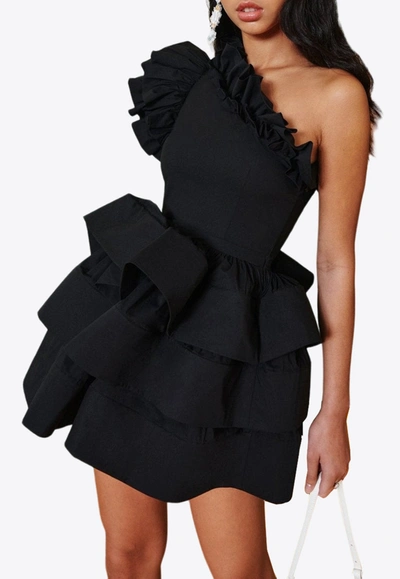 Celiab Baltic One-shoulder Ruffled Mini Dress In Black