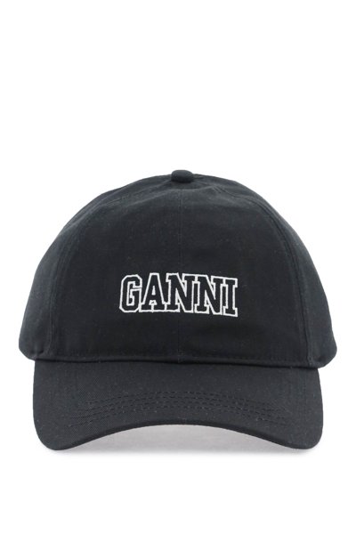 Ganni Logo-embroidered Cotton Cap In Black (black)