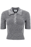Ganni Stretch Knit Polo Top With Jewel Buttons In Black (grey)