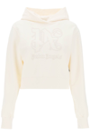 Palm Angels Cropped Hoodie With Monogram Embroidery In Off White Off White (white)