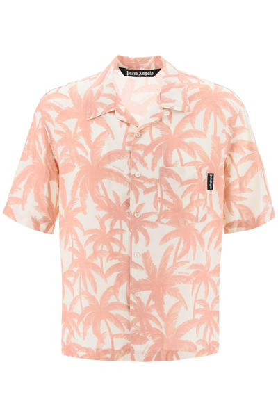Palm Angels Bowling Shirt With Palms Motif In Off White Pink (pink)