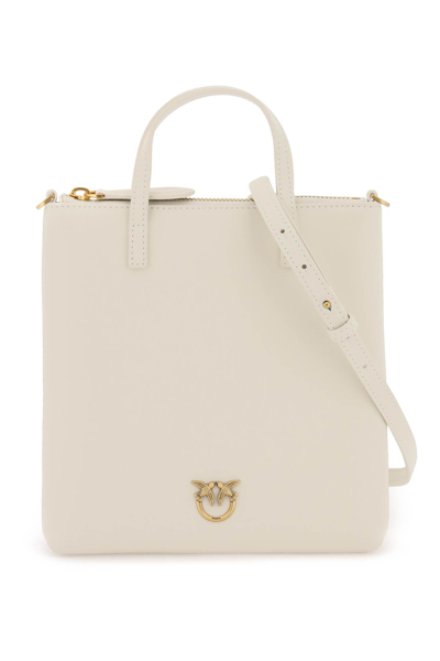 Pinko Leather Mini Tote Bag In Bianco Seta Antique Gold (white)