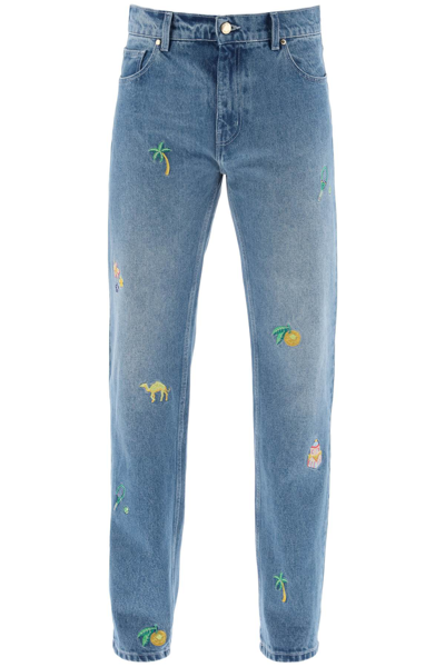 Casablanca Embroidered-design Cotton Straight-leg Jeans In Light Blue