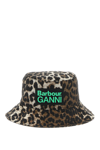 Barbour X Ganni Leopard Printed Logo Patch Bucket Hat In Brown