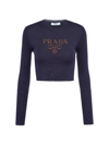 Prada Women's Cropped Silk Sweater With Logo In Blue
