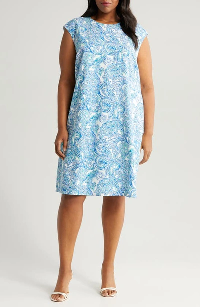 Jones New York Paisley Cap Sleeve Linen Blend Dress In Light Sapphire Multi
