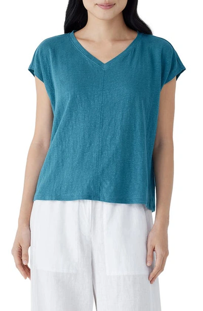 Eileen Fisher V-neck Organic Linen T-shirt In Blue