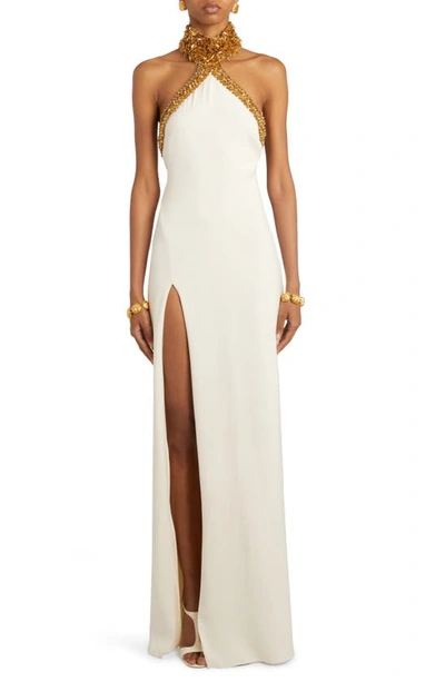 Tom Ford Embellished Mock-neck Halter Slit-hem Evening Gown In Gold Ecr