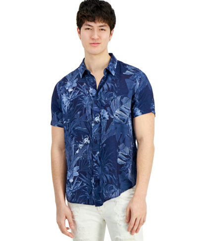 Guess Men's Boxi Textured Stripe Short-sleeve Button-down Shirt In Etched Tropical Print Blue