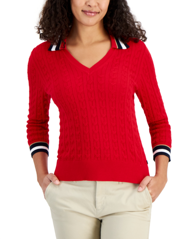 Tommy Hilfiger Women's Cotton Striped-collar Cable-knit Sweater In Scarlet Multi