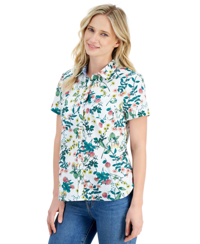 Nautica Women's Floral-print Short-sleeve Cotton Camp Shirt In Bright White Multi