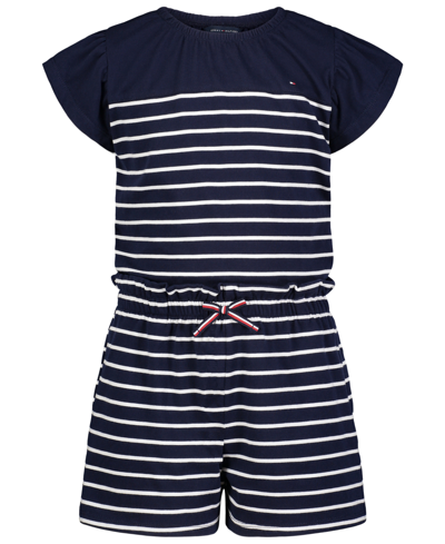 Tommy Hilfiger Kids' Big Girls Flutter Sleeve Breton Stripe Jersey Romper In Navy Blazer