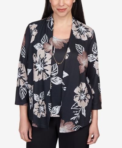 Alfred Dunner Petite Classics Stamped Floral Two For One Necklace Top In Black,tan