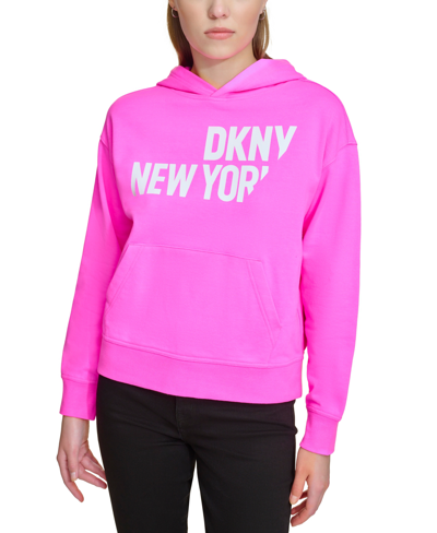 Dkny Jeans Women's Sliced Logo Print Cotton Hoodie In Gi - Neon Shocking Pink