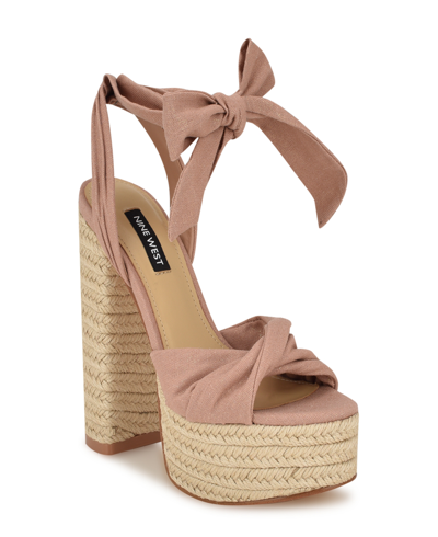 Nine West Women's Gertha Block Heel Round Toe Dress Sandals In Light Pink Metallic Linen