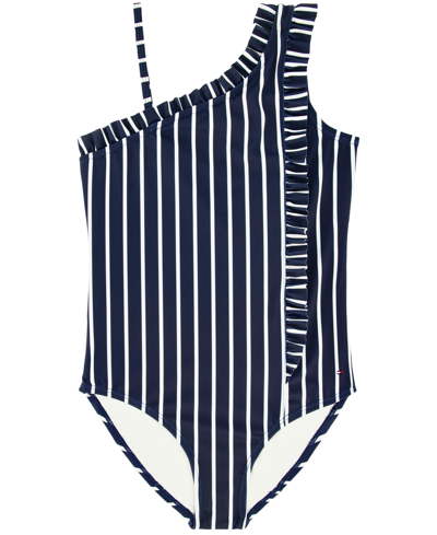 Tommy Hilfiger Kids' Big Girls Breton Stripe One Piece Swimsuit In Dark Blue
