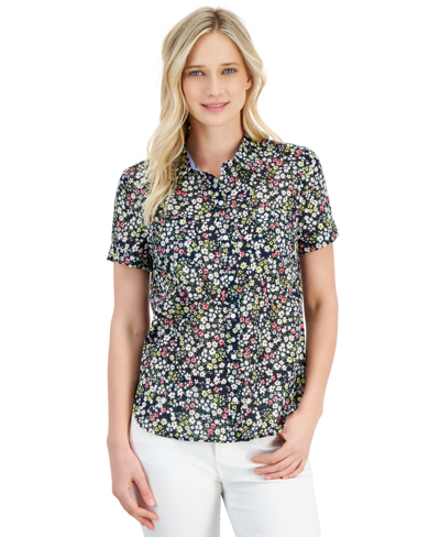 Nautica Women's Cotton Ditsy-floral Print Camp Shirt In Navy