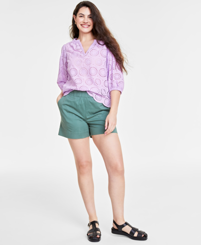 On 34th Women's Solid Eyelet Puff-sleeve Blouse, Created For Macy's In Calla Lilac