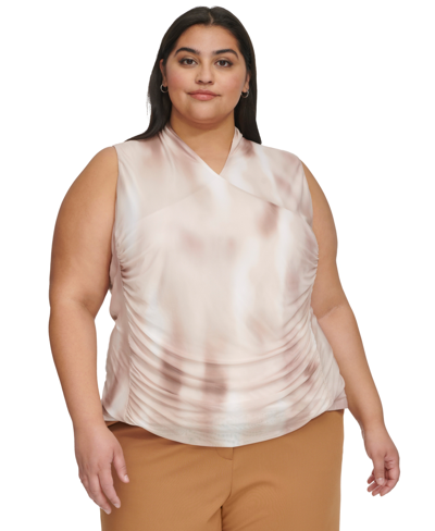 Calvin Klein Plus Size Printed Mesh Surplice Sleeveless Top In Stony Beige Multi