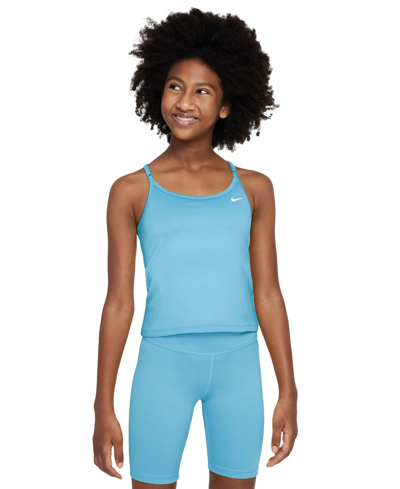 Nike Kids' Big Girls Dri-fit Indy Tank Sports Bra In Aquarius Blue,white