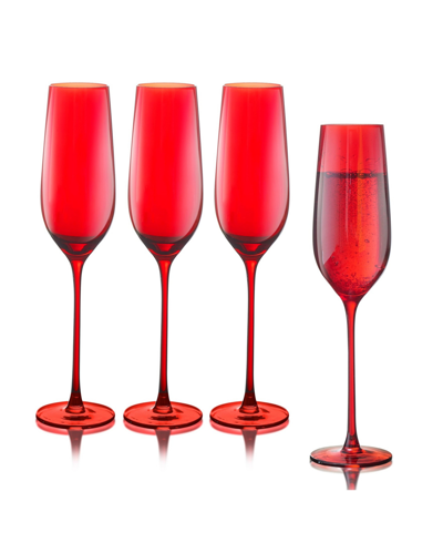 Qualia Glass Carnival Champagne Flute 9 oz Glasses, Set Of 4 In Red