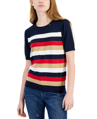 Tommy Hilfiger Women's Striped Short-sleeve Sweater In Blue
