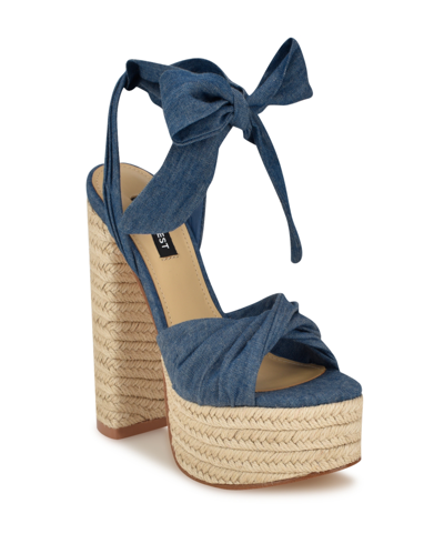 Nine West Women's Gertha Block Heel Round Toe Dress Sandals In Dark Blue Denim