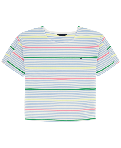 Tommy Hilfiger Kids' Big Girls Multi Stripe Short Sleeve Boxy T-shirt In Placid Blue
