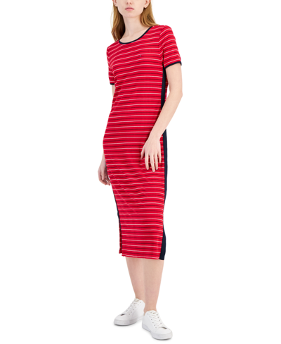 Tommy Hilfiger Women's Striped Ribbed Midi Dress In Medium Red
