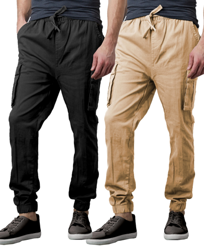 Galaxy By Harvic Men's Slim Fit Stretch Cargo Jogger Pants, Pack Of 2 In Black,khaki