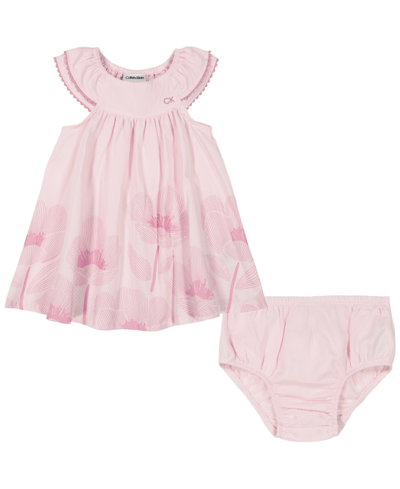 Calvin Klein Baby Girls Crinkle Jacquard Border Print Dress And Diaper Cover Set In Pink