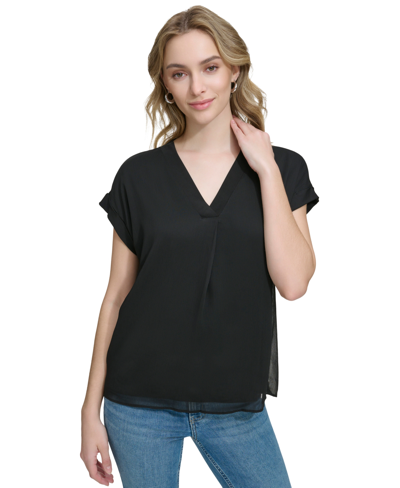 Calvin Klein Women's Mixed Media Cap-sleeve V-neck Top In Black