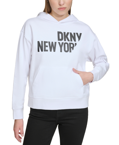 Dkny Jeans Women's Sliced Logo Print Cotton Hoodie In Wht - White