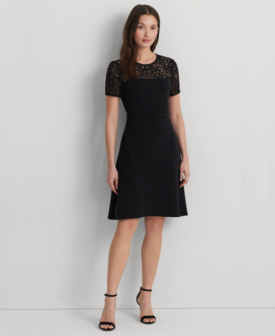 Lauren Ralph Lauren Women's Belted Lace-trim Fit & Flare Dress In Black