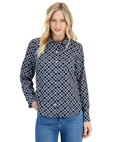 Nautica Women's Cotton Circle-print Roll-tab Shirt In Dark Blue