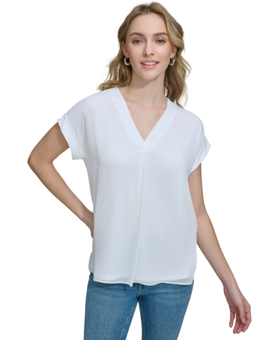 Calvin Klein Women's Mixed Media Cap-sleeve V-neck Top In Soft White