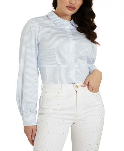 Guess Women's Monica Striped Cropped Button Front Top In Pure White,arctic Sky Combo