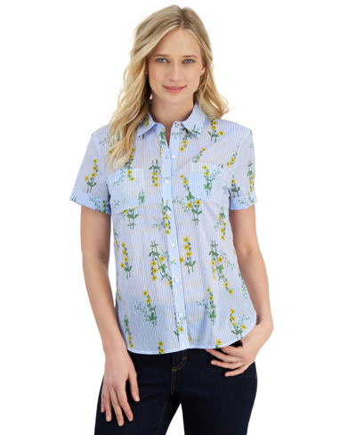 Nautica Women's Floral-print Button-down Camp Shirt In Yellow