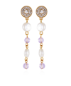T TAHARI GOLD-TONE LILAC VIOLET GLASS STONE AND IMITATION PEARL LONG DROP EARRINGS