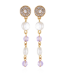 T Tahari Gold-tone Lilac Violet Glass Stone And Imitation Pearl Long Drop Earrings In Gold