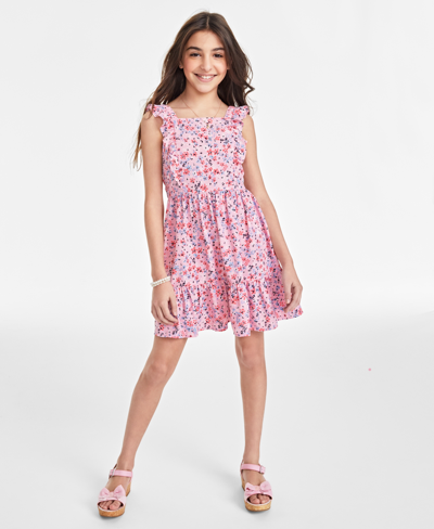 Tommy Hilfiger Kids' Big Girls Ruffle-trim Floral Dress In Rose Shadow