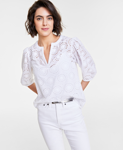 On 34th Women's Solid Eyelet Puff-sleeve Blouse, Created For Macy's In Bright White