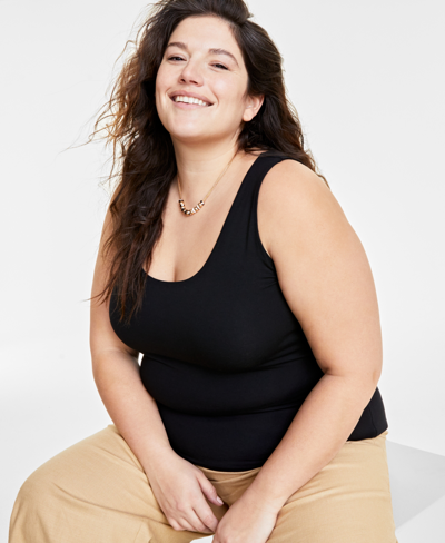 On 34th Trendy Plus Size Longline Scoop-neck Tank, Created For Macy's In Deep Black